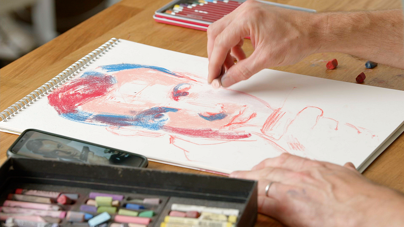 Chris Gambrell uses blue and red to add shade to his picture of Sean Connery 