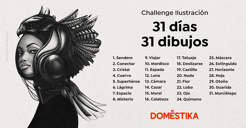 Calendario de los 31 términos para dibujar del 1 al 31 de octubre. Ilustración de Joaquín Rodríguez. 