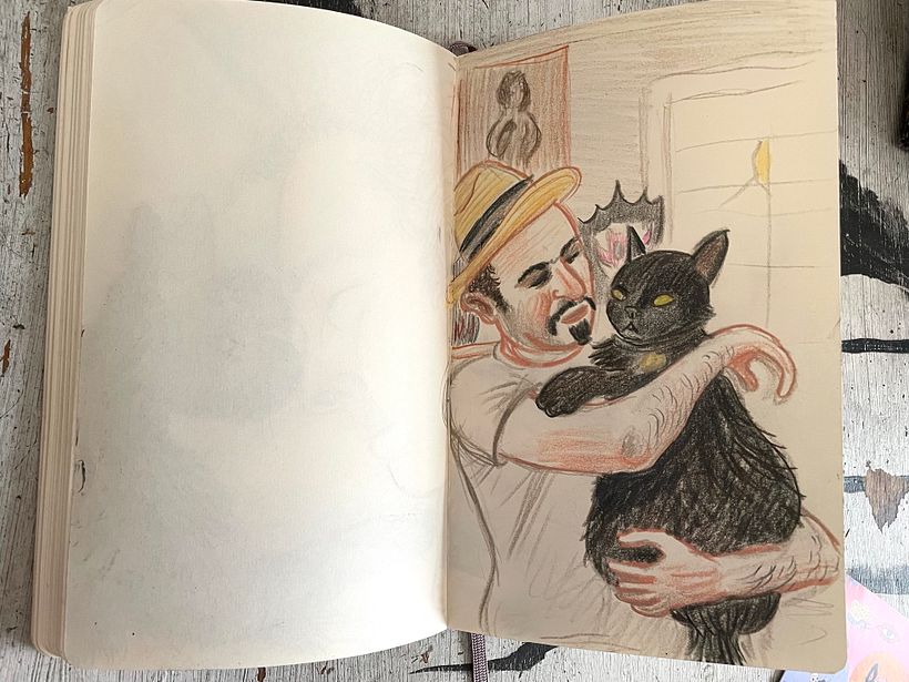 Sketchbook drawing based on photo from early years with Blackie, around 2006.