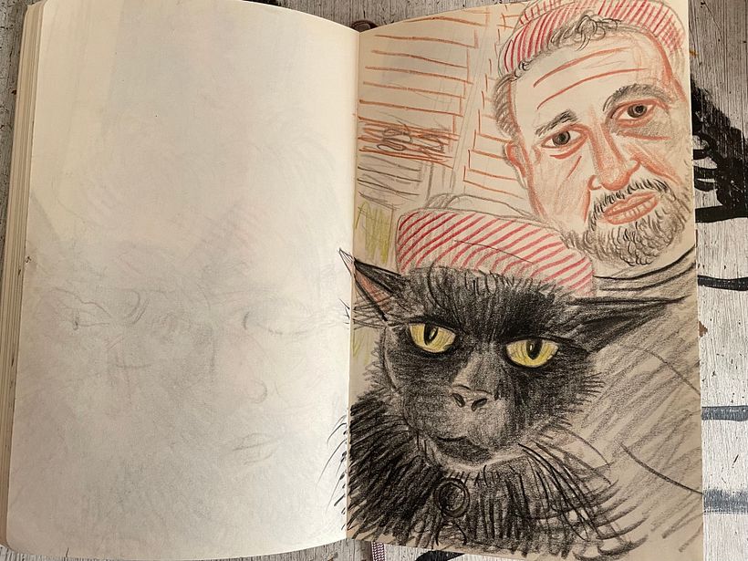 Sketchbook drawing based on selfie. We are twins with the same hat.
