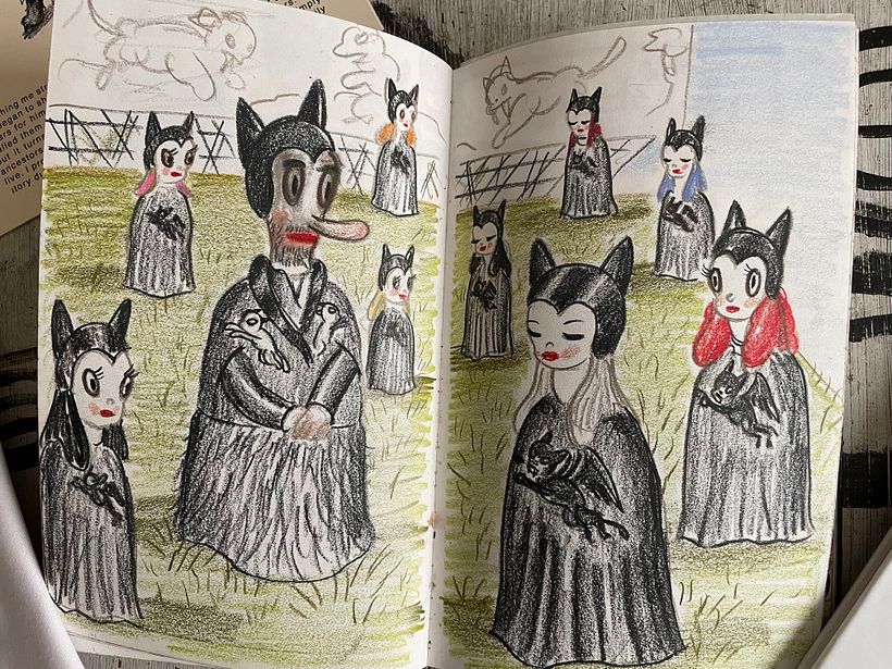 Sketchbook drawing imagining what attendees could wear at memorial venue of La Brea Tar Pits.