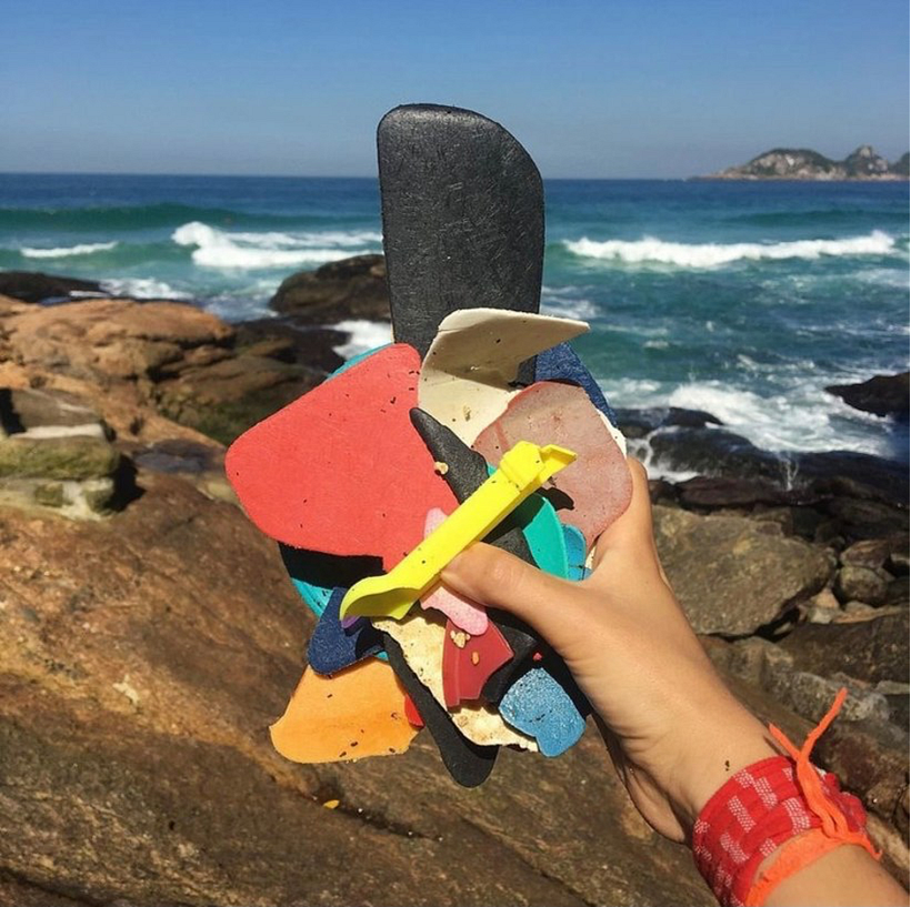 Juju creates accessories, brooches and pictures from pieces of plastic she collects on the beaches of Rio de Janeiro