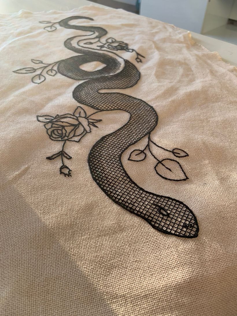 My project in Introduction to Blackwork Embroidery course 5