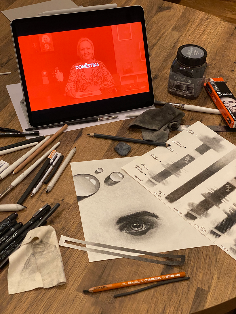 My materials and some of the tools we created - a greyscale ruler and a page to practice different charcoal effects