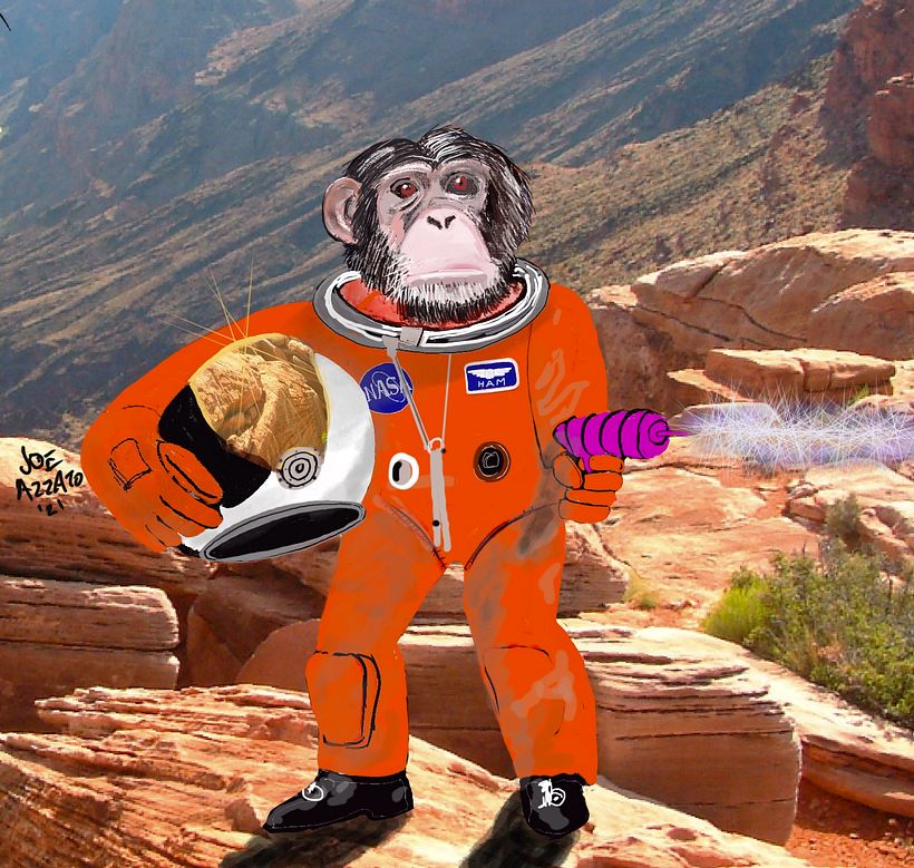 Space Chimp tests his solar pistol out in the desert training area.
