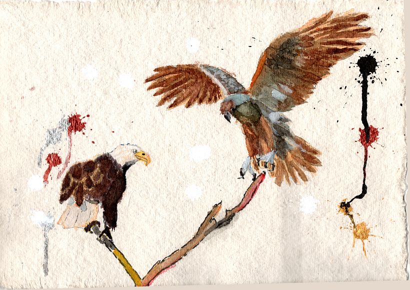 Final image. Used gold watercolour in the base layer, and acrylic ink for the splashes and runs on a handmade Moulin carton.