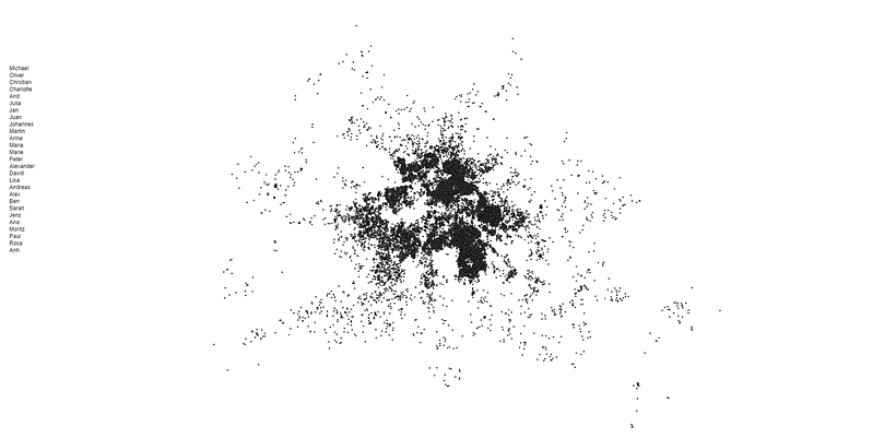 Illustration showing each Airbnb in Berlin, represented by dots
