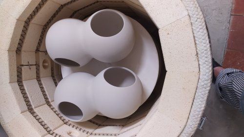 dried and sanded pieces in kiln ready for firing