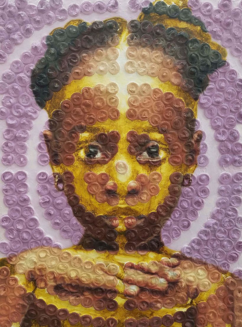 Mixed media oil painting using condoms. This is done to raise awareness about victims of sexual abuse. @artyouhungry
