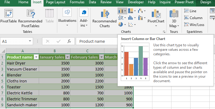Exemplo de seleção de dados no Excel