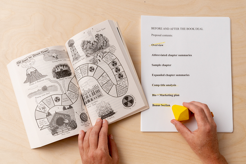 Courtney working through the sections for the proposal and a game board she created for the book (illustrated by Amy Kurzweil