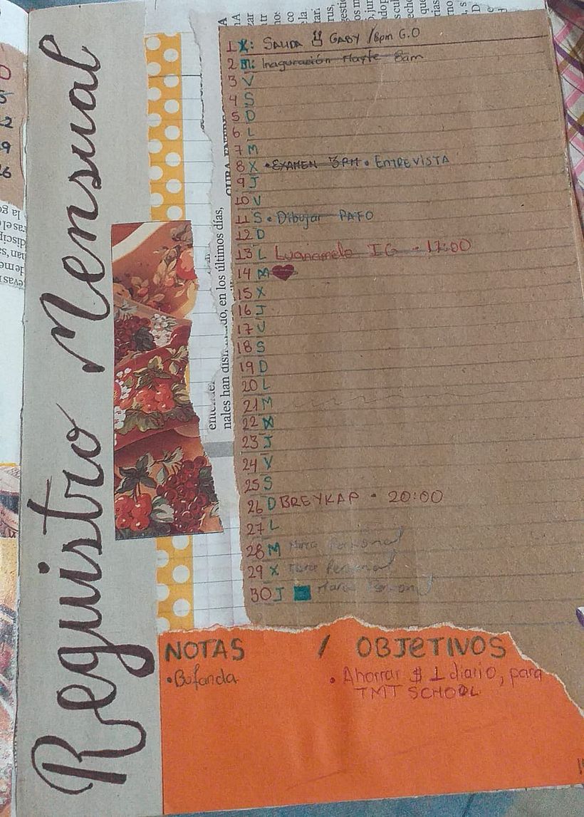 REGISTRO MENSUAL, COMBINANDO DIFERENTE MATERIALES Y FORMAS. ME GUSTA EL LETTERING