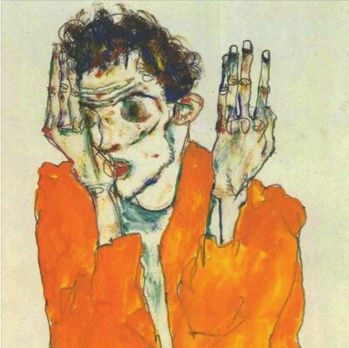 A detail of a self-portrait by Egon Schiele, 1914