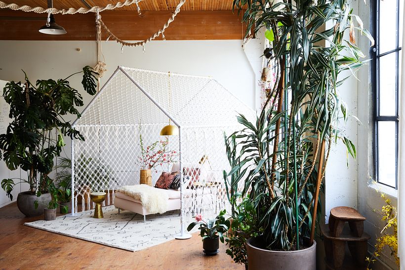 Macramé tent set up in our Portland, Oregon creative studio. 