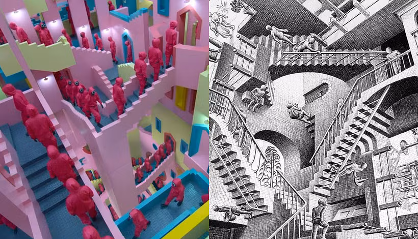 The elaborate stairs are another reference to a work of art.