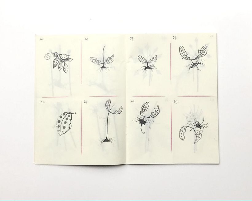A leaf study taking visual notes of graphic elements and drawing new characters.