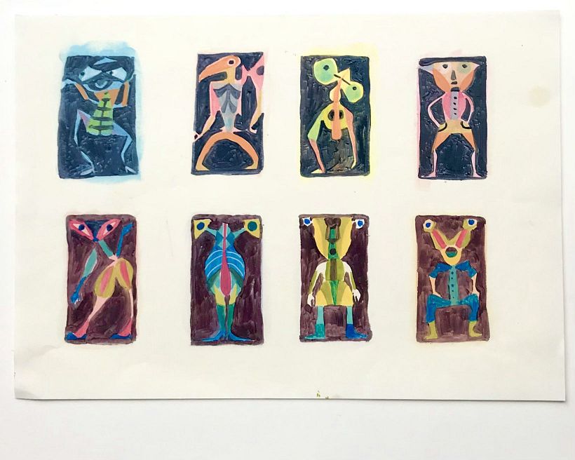 Painting characters from imagination. Oil pastel and oil paint on paper.