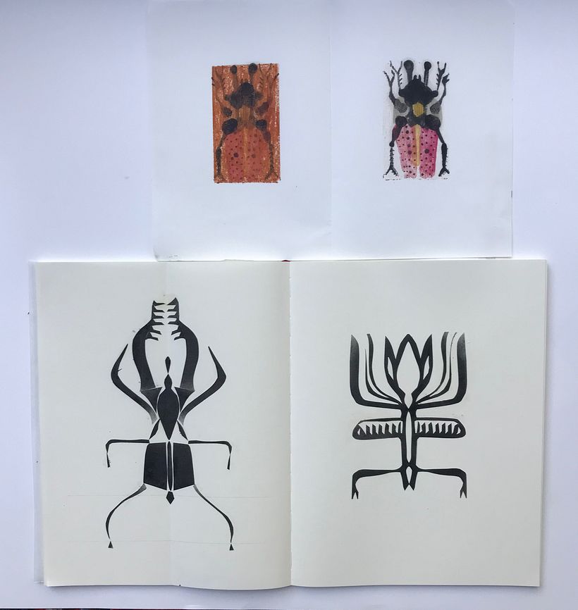 Monotype insect & paper cut flower and insect silhouettes