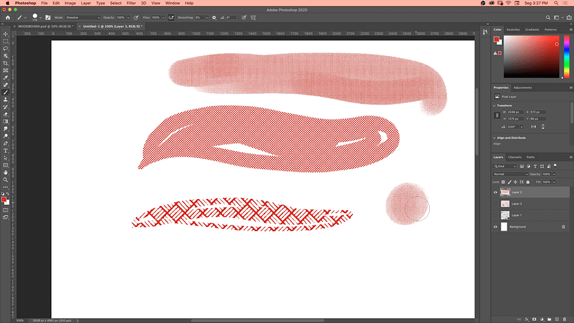 Samples of digital brush strokes in Photoshop.