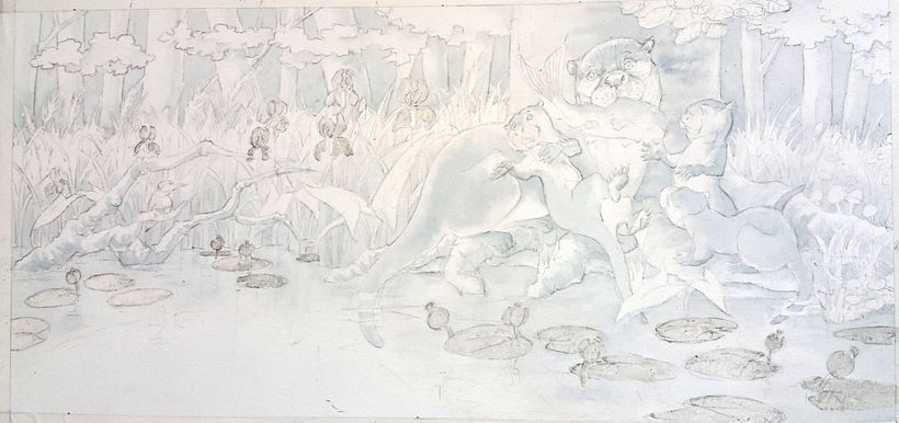 Underpainting for the second version. The dirty spots is masking fluid:)