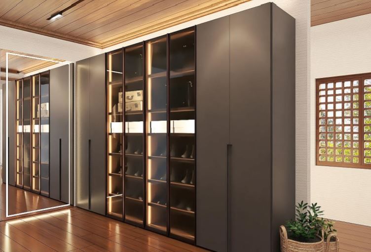 client wanted a glass display for shoes and bags and concealed cabinets for folded clothes