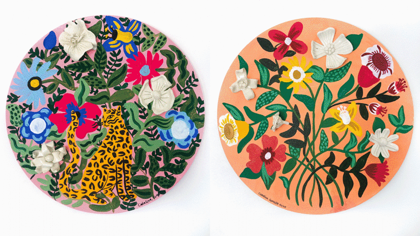 Piezas de cerámica  de Catalina Cumsille en el curso "Ilustración floral sobre cerámica".