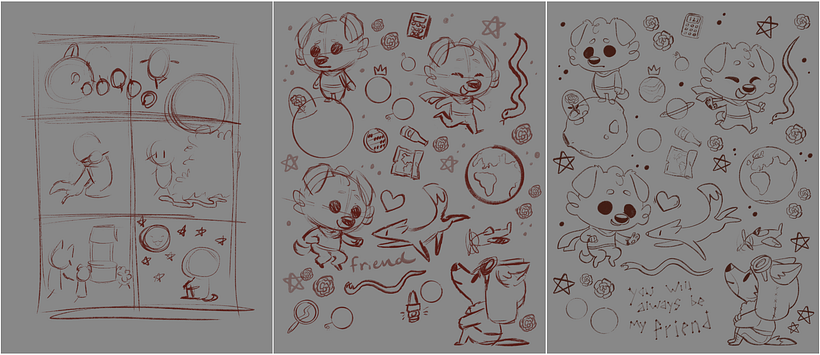 from initial idea, to sketch, to refined sketch