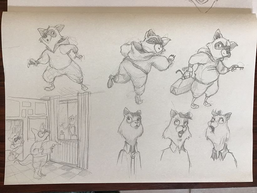 Sketch of a scene with studies of 2 of the characters