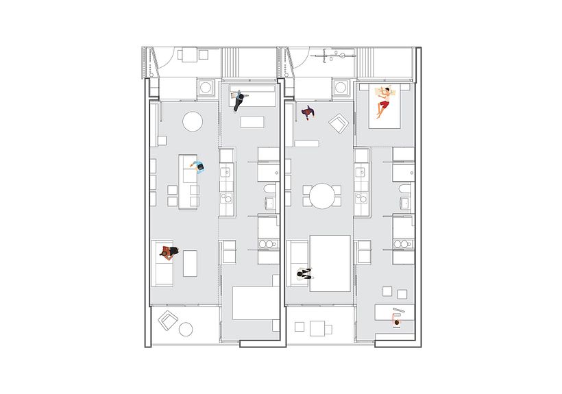 Planta de tipología de vivienda de dos habitaciones. Flexibilidad de usos 2021.
