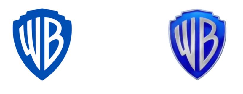 Le nouveau logo Warner, à droite, contient des éléments métalliques en 3D.