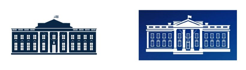 Nouveau logo de la Maison Blanche, à droite, avec des éléments en couleurs inversées.