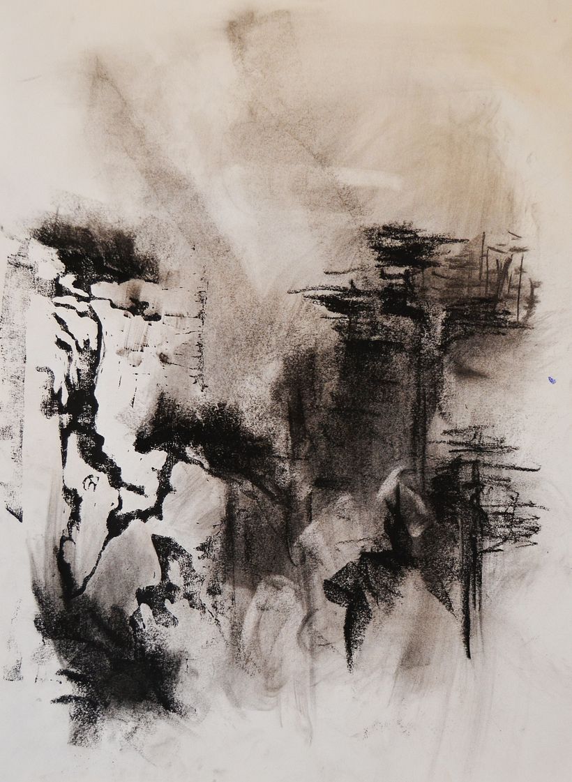 Dimensioni: 29,7x42 cm, linoleografia, carboncino e fusaggine su carta