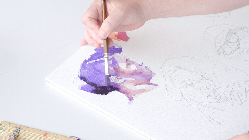 Cómo hacer tonos de piel en acuarela agrega detalles de volumen con violeta. 