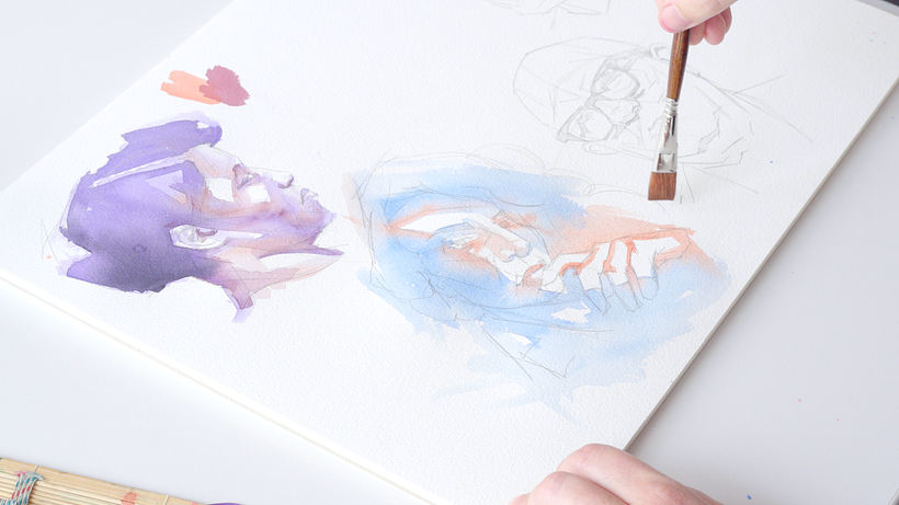 Cómo hacer tonos de piel en acuarela con el rojo cadmio, marca intersecciones y destacados del retrato. 