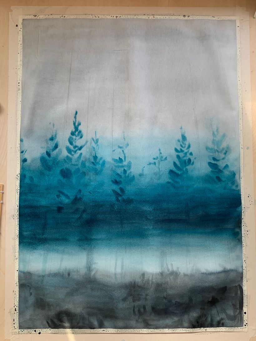 Step 1: Wet on wet background plus blurry contours. I try to create some gradients for a foggy mood and use vivid colours.