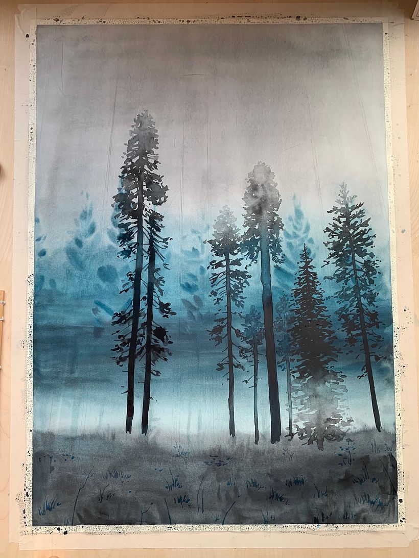 Step 3: Adding more trees, I continue the gradient from the background within the stems of the trees as well.