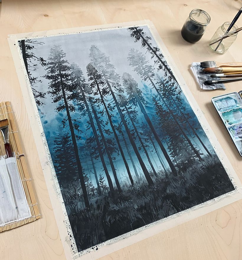 Step 4: When I am done with the trees I start adding some details to the forest ground 