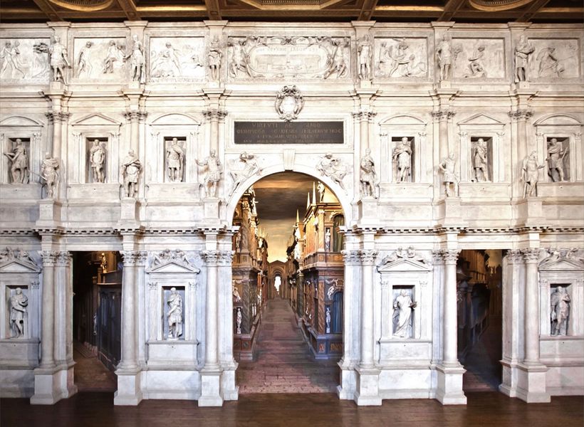 Single-point perspective stage at the Olympic Theatre in Vicenza, Italy, by Andrea Palladio.