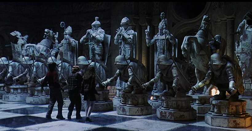 The life-sized Wizard's Chess was real, sculpted by the production team. Image: courtesy Warner Bros.