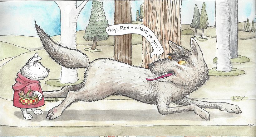 Page 2--The wolf overtakes Red Riding-Hood on the path to Grandmother's house...