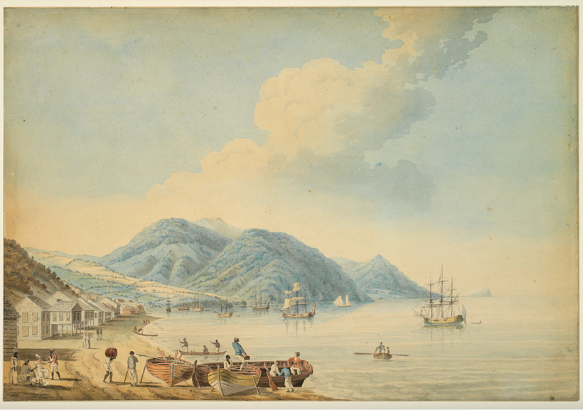 Town and Harbour of Montego Bay de Nicholas Pocock. Fuente: Birmingham Museums Trust.