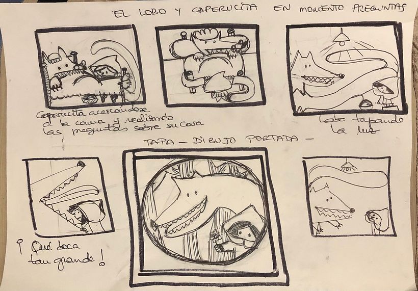 bocetos caperucita y el lobo en casa de la abuelita