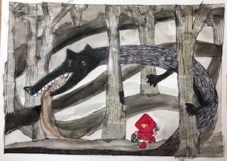 escena lobo y caperucita en el bosque