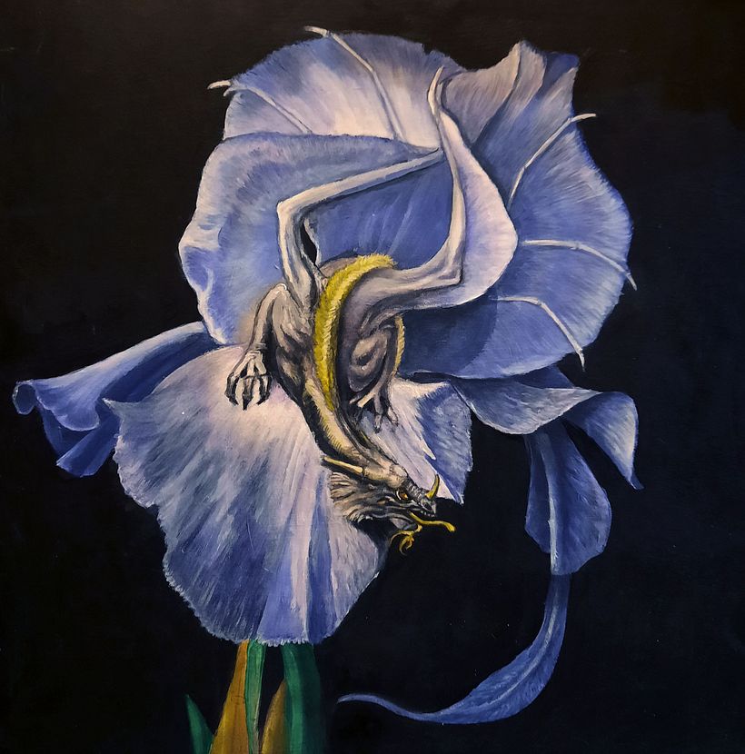 In progress oil painting of a tiny dragon that mimics an iris so he can lure in pollenating insects to snack on. 