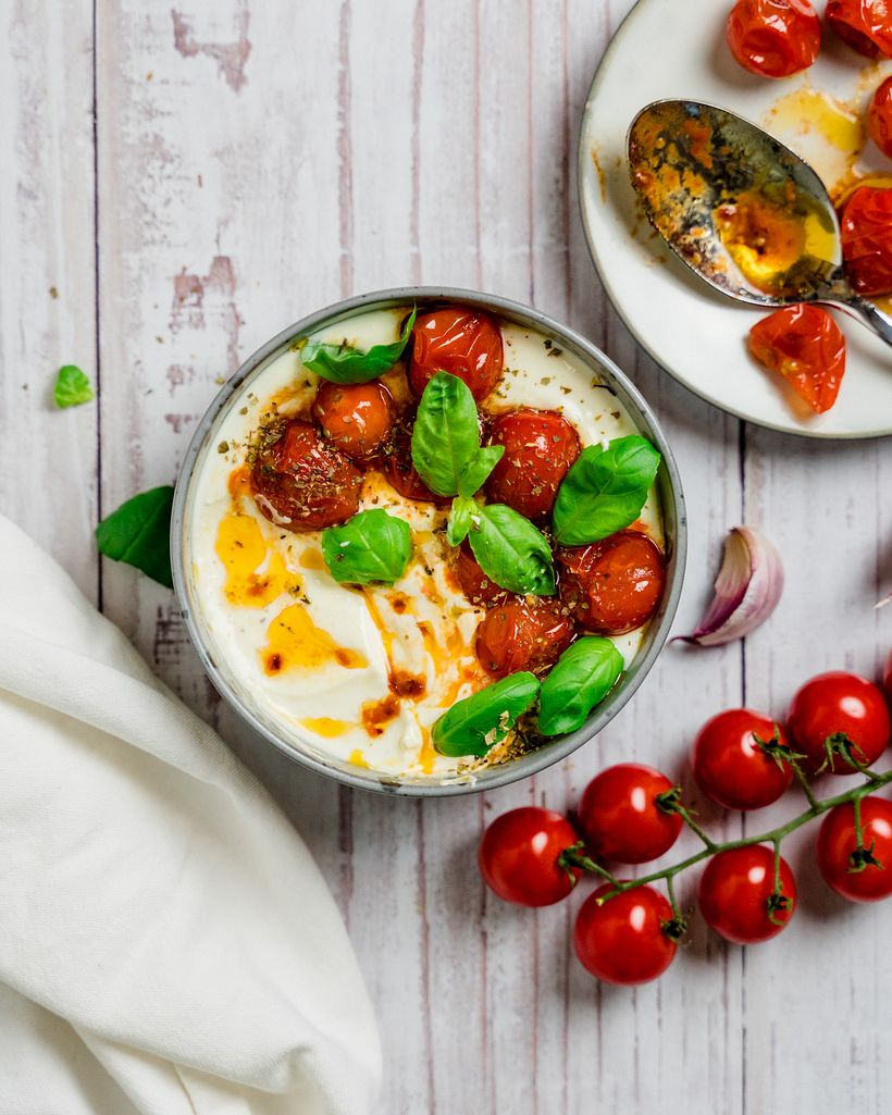 This is a whipped feta dip with molten tomatoes. I wanted it to be light and with a complementary contrast.