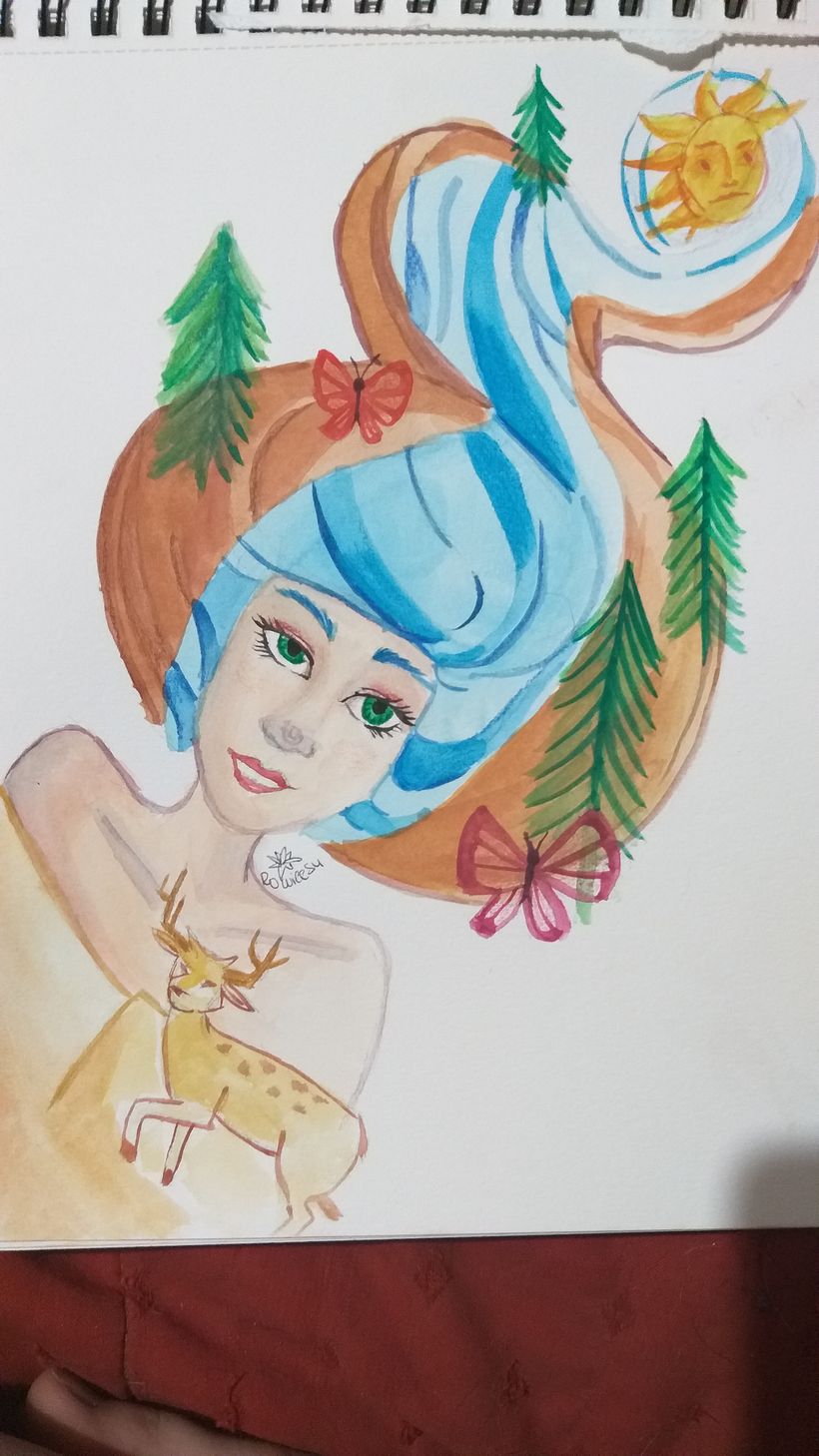 Ilustracion con acuarelas. Elegi mariposas y venado, montañas y bosques, sol y agua