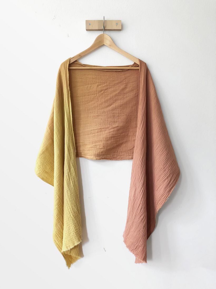 Organic cotton (double-gauze) dyed with goldenrod (yellow) and avocado (pink).