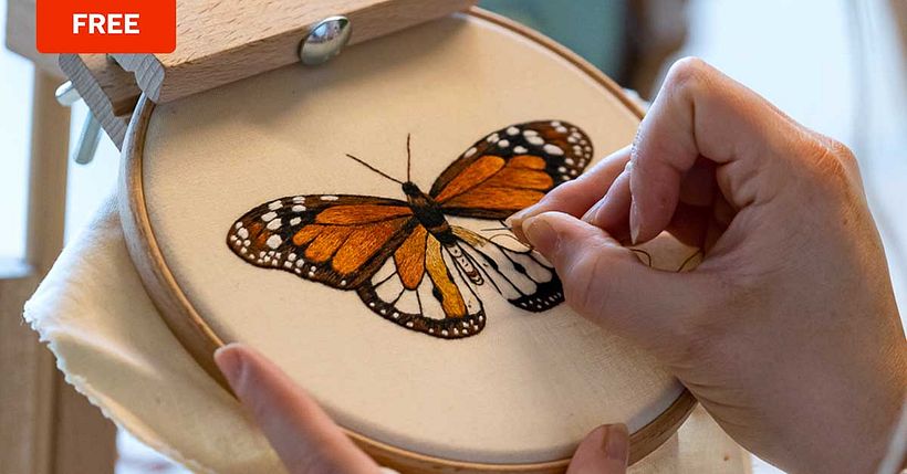 Embroidery artist Emillie Ferris shares a ready-made image of a Monarch butterfly to print, cut out, and trace over.