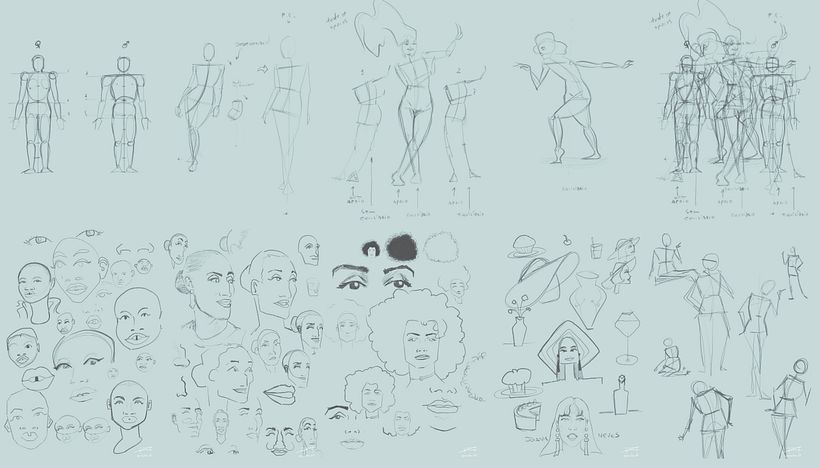Primeiros desenhos do início do curso. Explorando e entendendo a sintetização de formas em formas mais simples.