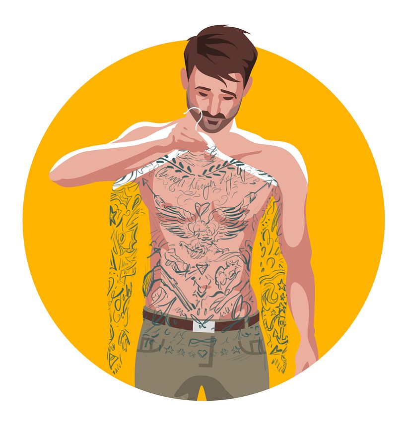 The assignment: create an illustration about the Pros and Cons of Tattoos. Format: round